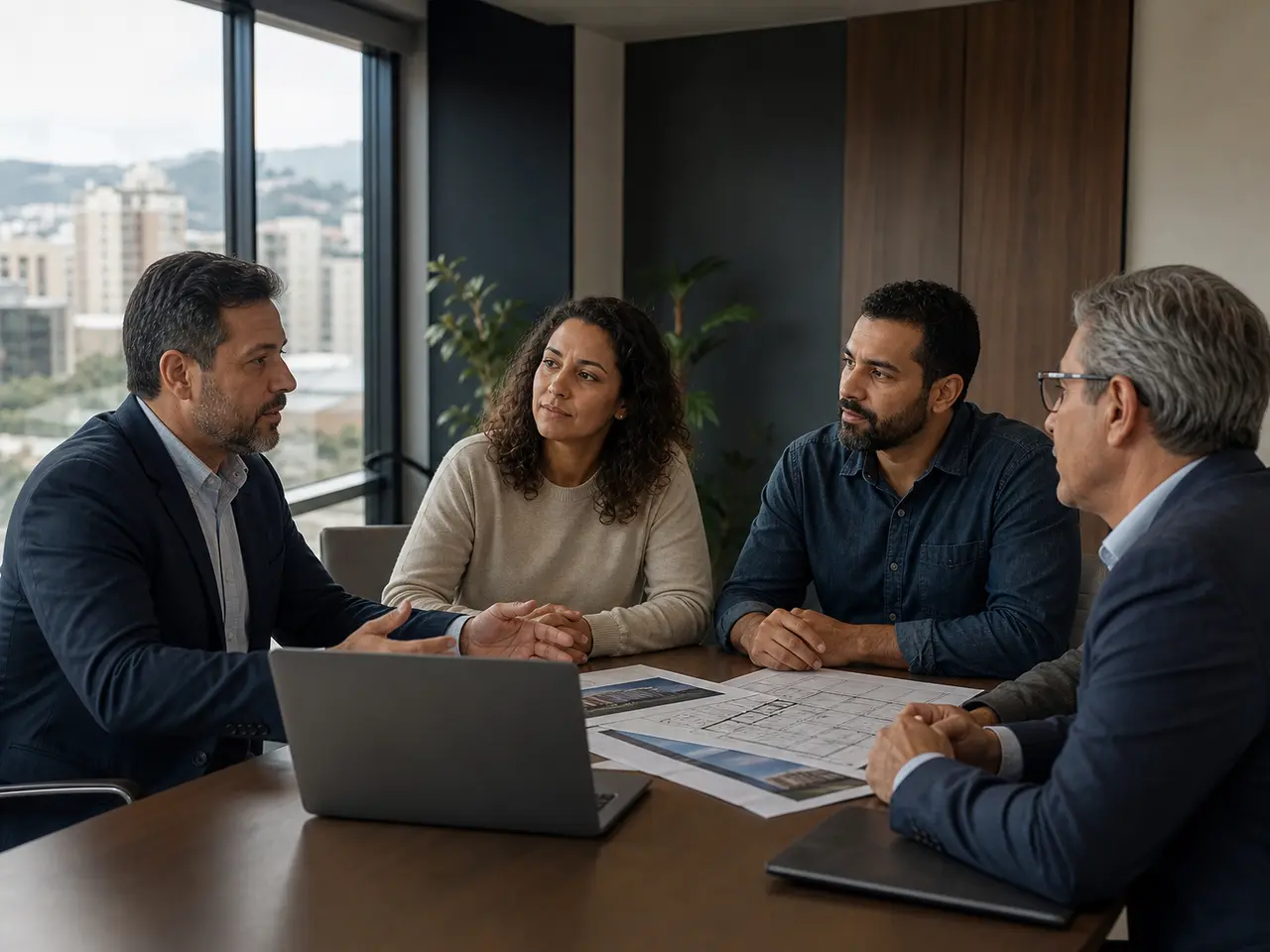 Profissionais experientes conversando sobre soluções financeiras e crédito